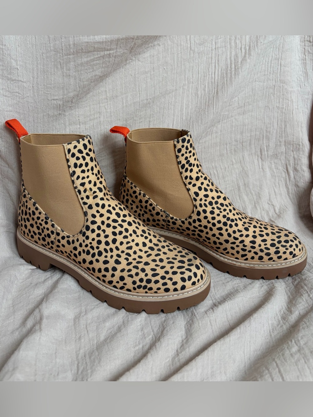 Dolce Vita Leopard-Print Chelsea Booties in Tan and Black with Orange Pull Tab